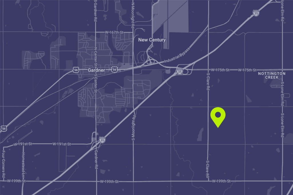 Stylized map of Gardner, Kansas and nearby roads. Interstate 35 and US-56 cross the area. A bright green map pin marks rural land southeast of Gardner's core, east of S Clare Road, between W 175th Street to the north and W 191st Street to the south.
